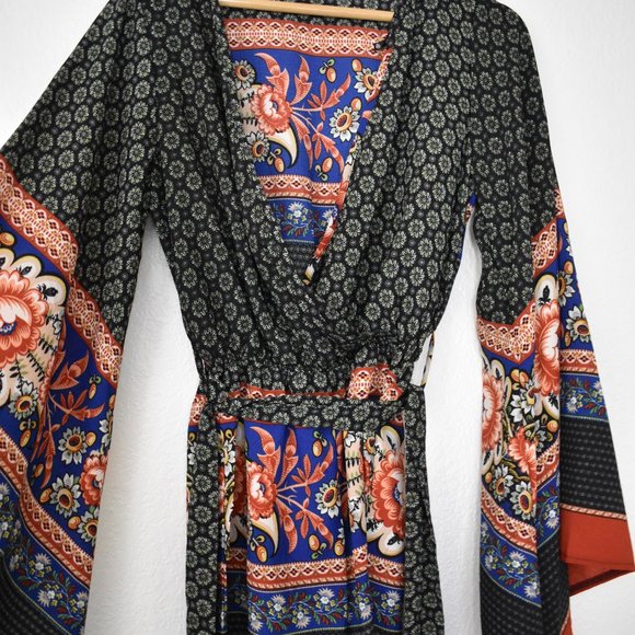 Missguided Mixed Print Bell Sleeve Wrap Romper - Picture 8 of 12